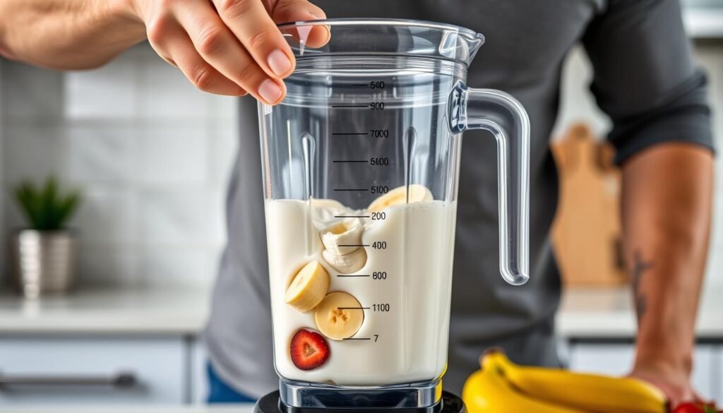 Pessoa preparando shake de whey protein com frutas para ganho de massa muscular Pessoa preparando shake de whey protein com frutas para ganho de massa muscular