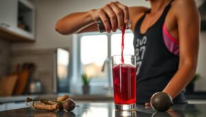Pessoa preparando um pre treino sem cafeina para treinos noturnos com ingredientes naturais