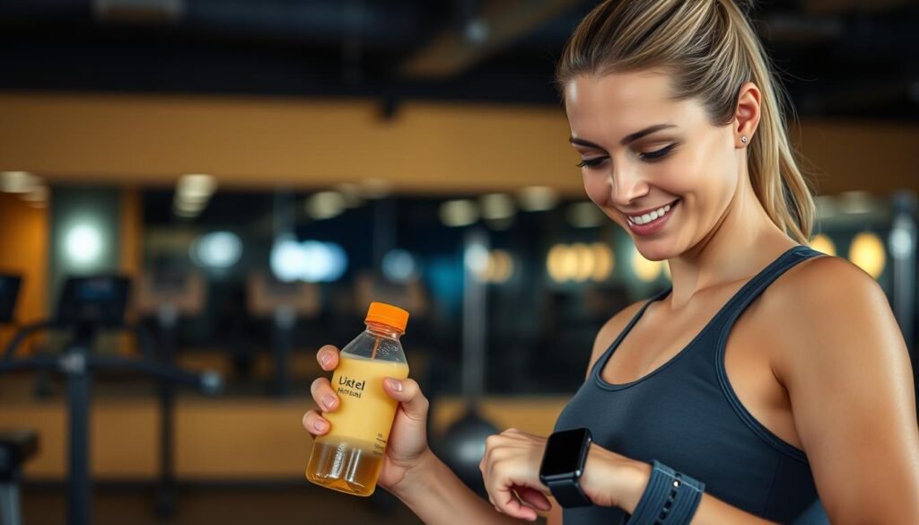 Pessoa satisfeita após treino noturno com pré-treino natural Pessoa satisfeita após treino noturno com pré-treino natural
