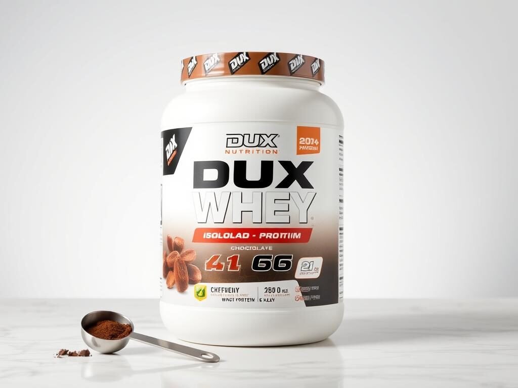 Pote de Dux Nutrition Whey Protein Isolado sabor chocolate com medidor Pote de Dux Nutrition Whey Protein Isolado sabor chocolate com medidor