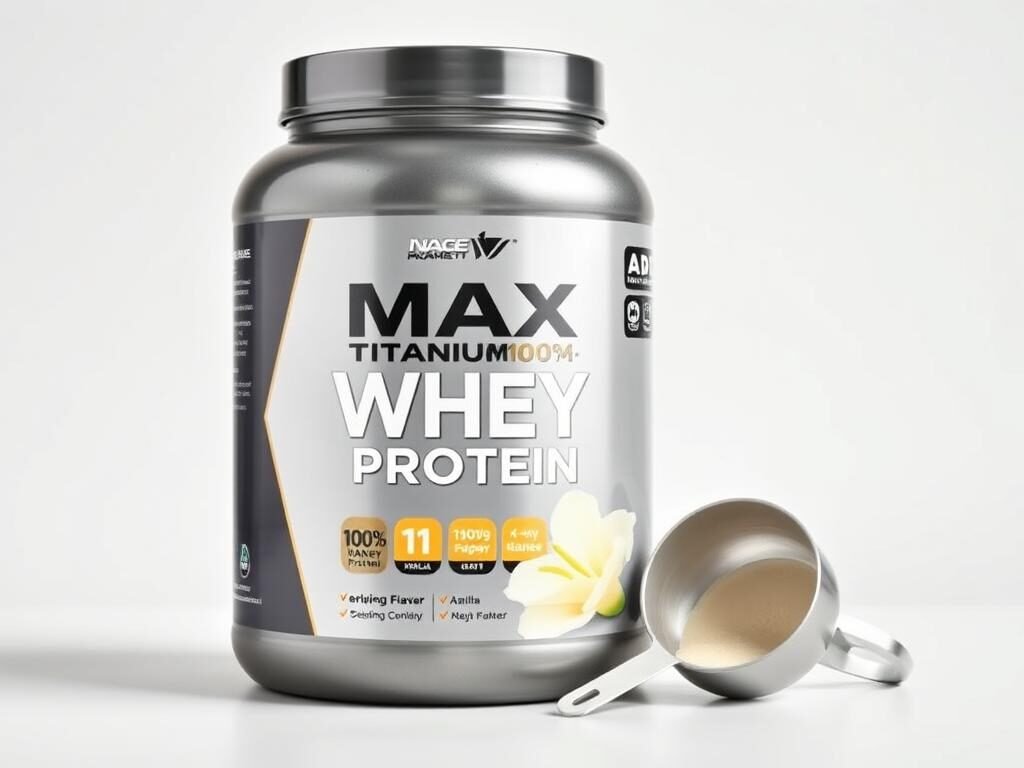Pote de Max Titanium 100% Whey Protein sabor baunilha com medidor ao lado Pote de Max Titanium 100% Whey Protein sabor baunilha com medidor ao lado