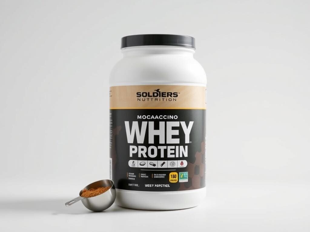 Pote de Soldiers Nutrition Whey Protein sabor mocaccino com medidor Pote de Soldiers Nutrition Whey Protein sabor mocaccino com medidor