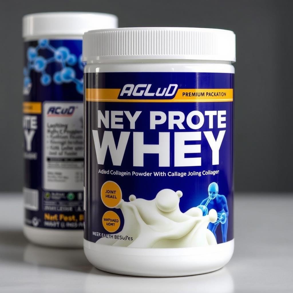 Pote de whey protein com adição de colágeno para benefícios articulares Pote de whey protein com adição de colágeno para benefícios articulares