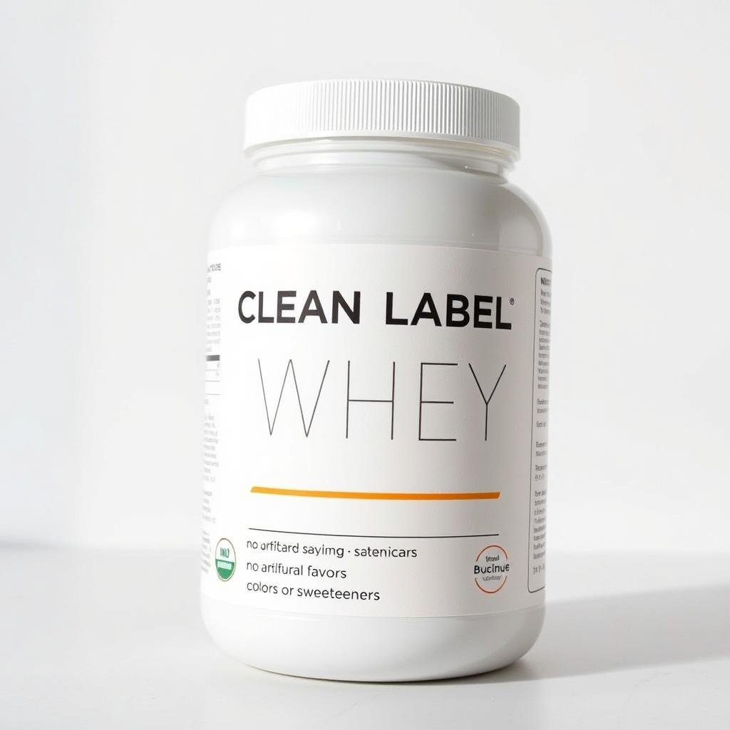 Pote de whey protein com rótulo limpo sem aditivos artificiais Pote de whey protein com rótulo limpo sem aditivos artificiais