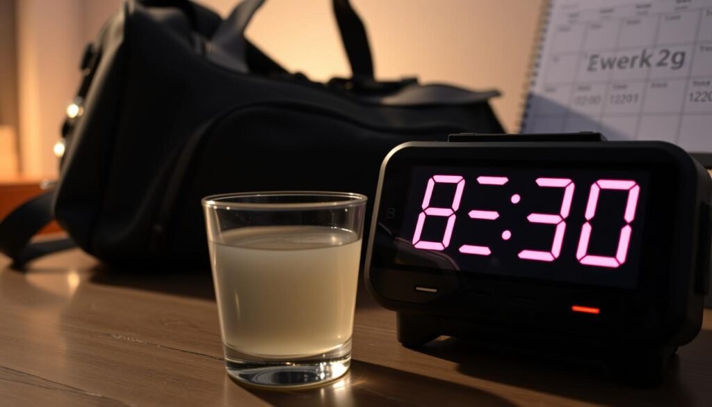 Relógio mostrando horários ideais para consumo de pré-treino noturno Relógio mostrando horários ideais para consumo de pré-treino noturno