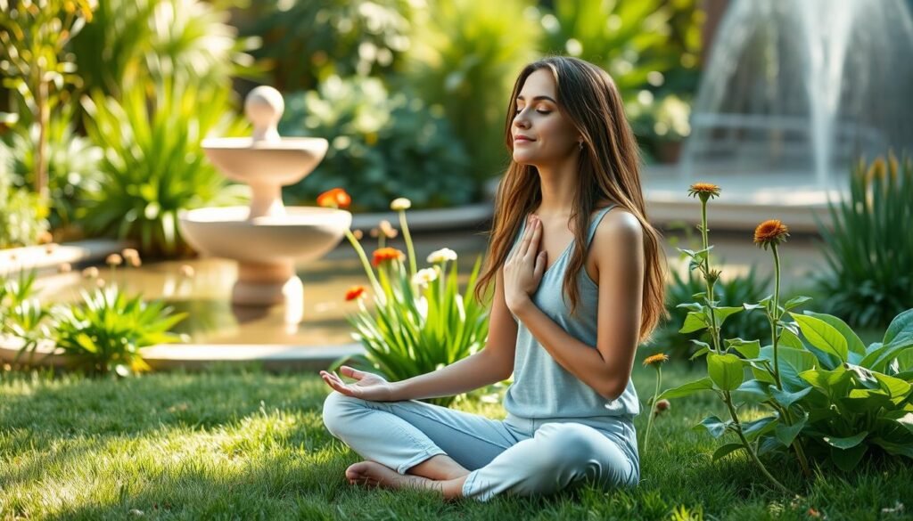 Serene morning scene featuring a confident young woman practicing mindful breathing exercises in a lush garden setting. Soft natural daylight illuminates the serene atmosphere, casting gentle shadows across the scene. The woman sits cross-legged on the grass, her eyes closed and expression peaceful, surrounded by a variety of vibrant green plants and flowers. In the background, a tranquil water feature reflects the surrounding foliage. The overall mood is one of calm focus and renewed energy, illustrating effective strategies for boosting vitality without relying on caffeine.