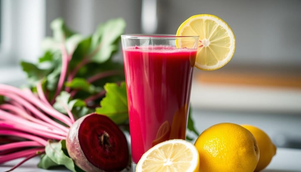 Suco de beterraba com limão preparado como pré-treino sem cafeína Suco de beterraba com limão preparado como pré-treino sem cafeína
