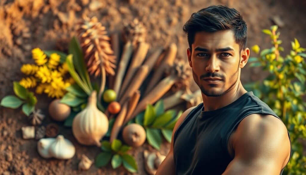 Thumbnail image of a vibrant, natural scene showcasing several adaptogenic herbs arranged artfully. A confident, healthy-looking individual stands in the foreground, gazing intently at the camera. Soft, warm lighting illuminates the composition, creating a sense of balance and vitality. The middle ground features an assortment of adaptogenic botanicals, such as ashwagandha, rhodiola, and maca, in various stages of growth. The background subtly blends earthy tones and lush greenery, evoking a serene, natural atmosphere. The overall mood is one of calm, focus, and vitality - a visual representation of the benefits of caffeine-free, adaptogenic pre-workout supplements.