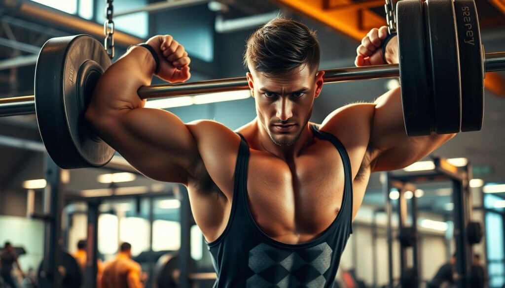 a muscular athlete in athletic wear performing an intense weightlifting exercise, surrounded by a weightlifting gym environment with various workout equipment in the background. The athlete should have a determined expression, showcasing the physical and mental focus required for high-performance training. Use warm, directional lighting to create dramatic shadows and highlights, emphasizing the athlete's physique and the energy of the scene. Capture the dynamic motion and power of the exercise, conveying the importance of pre-workout supplementation for athletic performance and endurance.