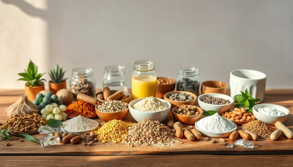a well-lit, high-resolution photograph of a diverse array of natural compounds and supplements laid out neatly on a wooden surface, with subtle shadows and warm, natural lighting that accentuates the textures and colors of the ingredients. The foreground features a variety of powders, dried herbs, and whole foods, while the middle ground includes glass jars and ceramic bowls containing additional natural remedies. The background showcases a serene, minimalist setting with a neutral-toned wall, creating a sense of calm and focus on the natural elements. The overall composition conveys a feeling of balance, wellness, and the benefits of incorporating these natural compounds into one's fitness routine.