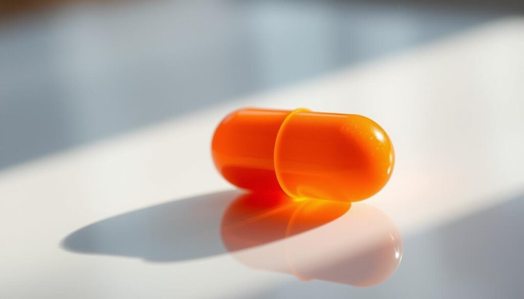 A detailed, close-up view of a vibrant orange vitamin C capsule, resting on a sleek, reflective surface. The capsule is illuminated from the side, casting soft shadows that accentuate its rounded form. The background is blurred, creating a sense of depth and focus on the subject. The lighting is natural and diffused, giving the scene a warm, inviting atmosphere. The image conveys the essence of vitamin C, its purity, and its importance as a vital nutrient for overall health and well-being.