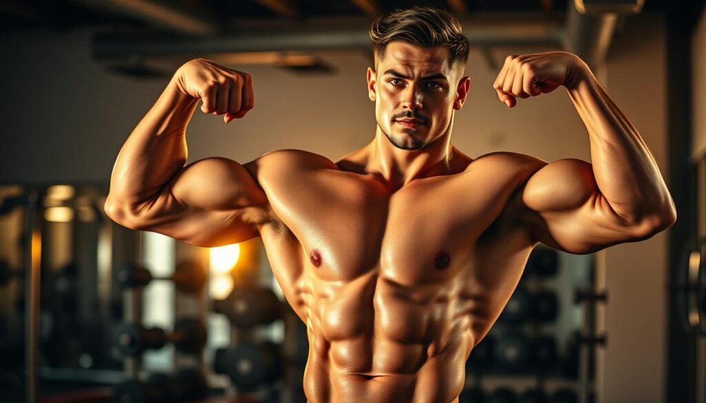 A muscular male athlete stands in a well-lit gym, sweat glistening on his toned body. He flexes his biceps, showcasing the results of his intense workout. The background is blurred, with exercise equipment and weights in the distance, creating a sense of focus on the subject. Warm, golden lighting illuminates the scene, casting dramatic shadows and highlighting the athlete's defined physique. The overall mood is one of strength, determination, and the satisfaction of physical progress.