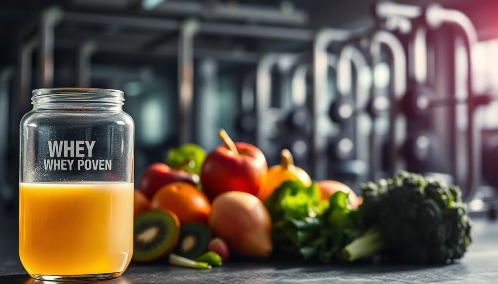 A detailed, high-resolution image of the benefits of Whey Protein Concentrate for Soldiers Nutritio's fitness regimen. In the foreground, a transparent glass container filled with a golden, liquid whey supplement, casting a warm glow. In the middle ground, a collection of colorful, fresh fruit and vegetables - kiwi, oranges, spinach, and broccoli - arranged neatly, symbolizing the natural, nutrient-rich ingredients. In the background, a dimly lit, modern gym setting with sleek, metallic exercise equipment, conveying a sense of strength, vitality, and athletic performance. Soft, directional lighting illuminates the scene, creating depth and a sense of professionalism. The overall mood is one of health, fitness, and the power of high-quality, natural nutrition to fuel an active lifestyle.