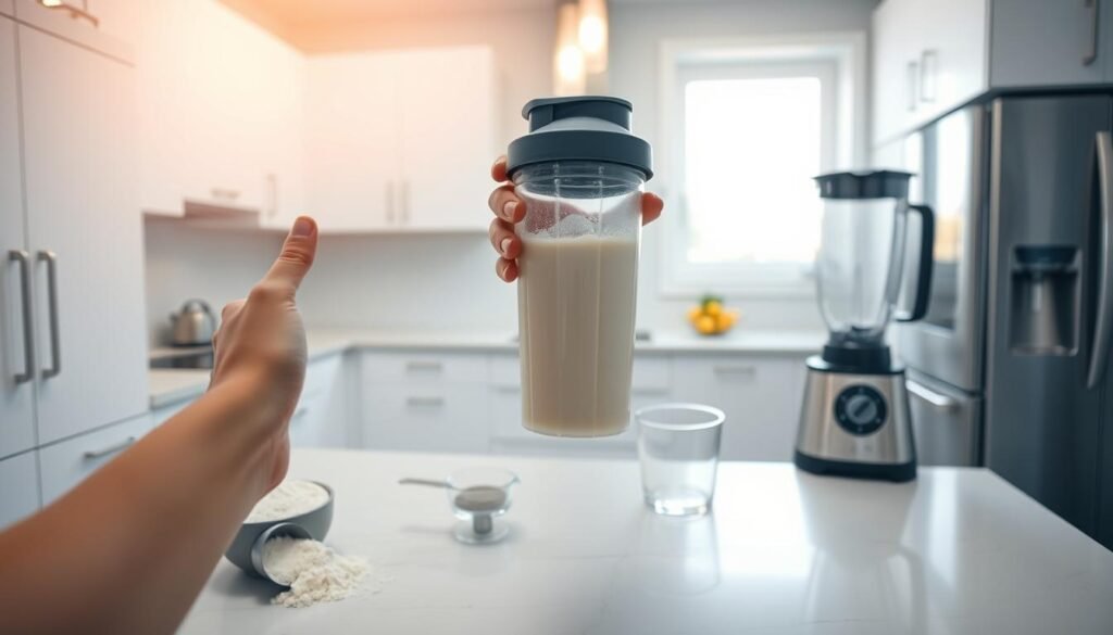 A high-quality image of a person preparing a whey protein concentrate shake in a modern kitchen. The foreground features a person's hands holding a shaker bottle filled with a creamy, frothy liquid, the middle ground shows various ingredients like a scoop of whey powder, a measuring cup, and a blender on the counter, and the background depicts a clean, minimalist kitchen with white cabinets, stainless steel appliances, and natural lighting flooding the space. The lighting is soft and even, creating a warm, inviting atmosphere, and the camera angle is slightly elevated to capture the scene from an overhead perspective. The image conveys a sense of expertise, care, and attention to detail in the preparation of the whey protein concentrate.