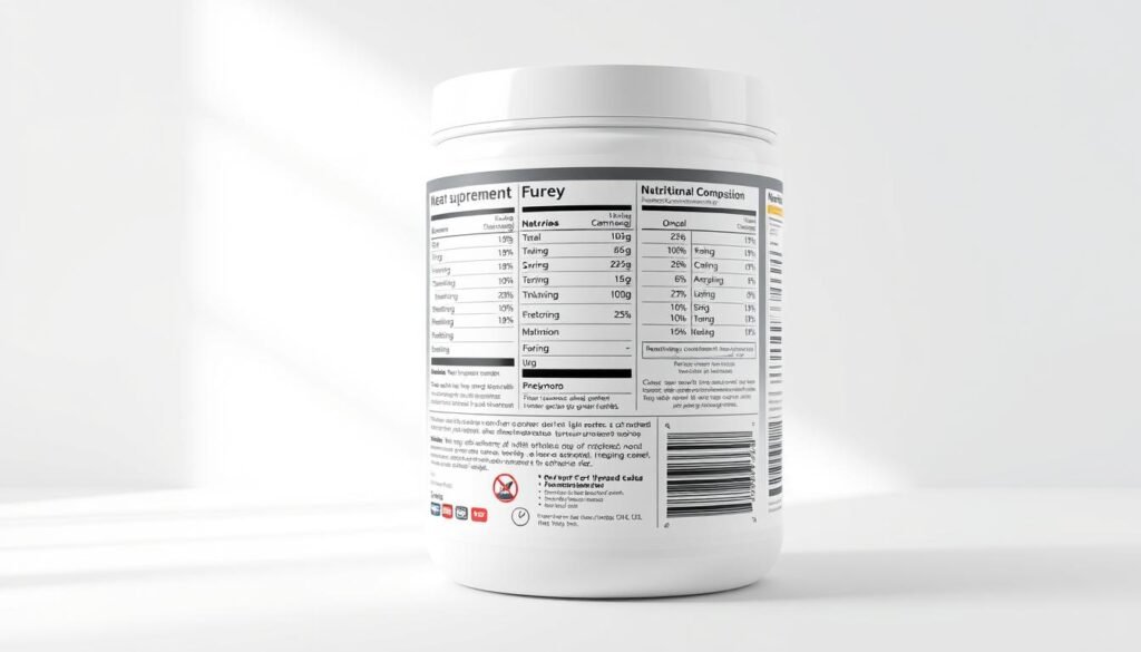 A high-quality, meticulously detailed 3D render of a nutritional composition label for "Max Titanium Whey Pro 1Kg" supplement. The label is displayed on a clean, white background with soft, diffused lighting, highlighting the crisp typography, vibrant colors, and precise nutritional information. The composition showcases the key macronutrients, micronutrients, and other ingredients in a clear, organized manner, emphasizing the supplement's purity and quality. The overall aesthetic is professional, modern, and visually appealing, suitable for inclusion in a detailed product review.
