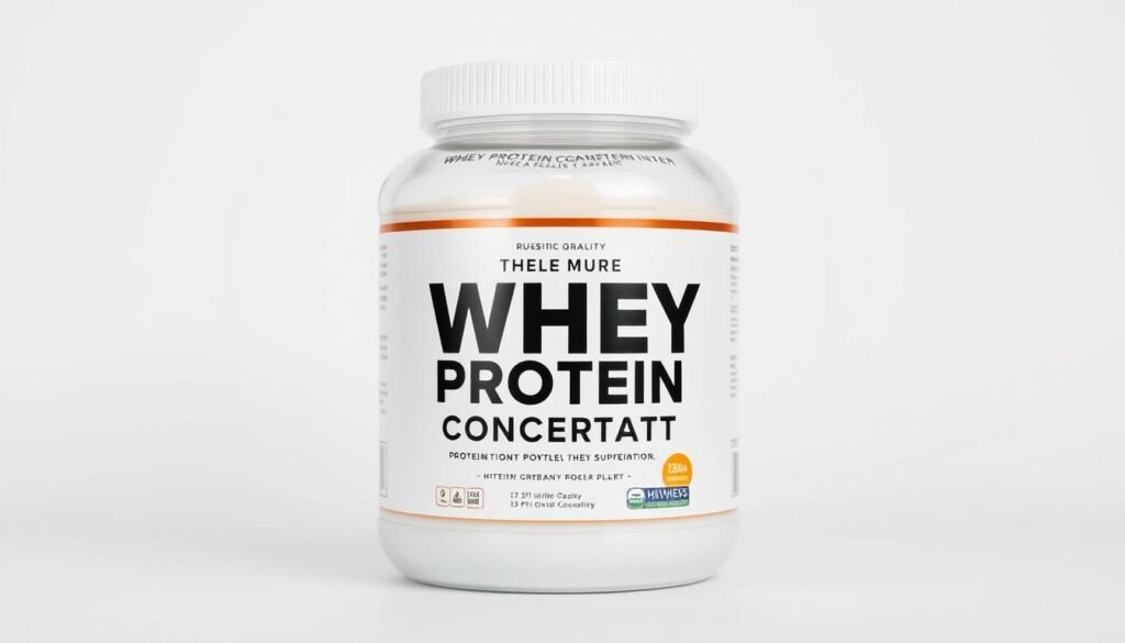 A high-quality whey protein concentrate product set against a clean, white background. The container is prominently displayed, showcasing its sleek design and clear labeling. The protein powder inside is visible, with a smooth, creamy texture that evokes its purity and nutritional value. Soft, directional lighting highlights the product's details, creating a sense of premium quality and sophistication. The overall composition is balanced and minimalist, allowing the whey protein concentrate to be the focal point, emphasizing its status as a superior nutritional supplement for active individuals.