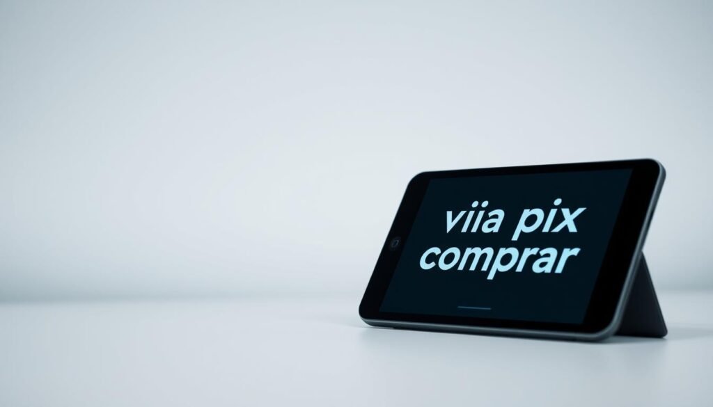 A modern, minimalist composition showcasing a digital payment interface with the words "via pix comprar" prominently displayed. The foreground features a sleek smartphone or tablet device with a clean, intuitive user interface. The middle ground includes subtle graphic elements and icons representing digital payment options, conveying a sense of simplicity and convenience. The background is a soft, muted palette, allowing the digital device and payment interface to take center stage. Soft, diffused lighting creates a professional, high-quality appearance. The overall mood is one of accessibility, efficiency, and a hassle-free shopping experience.