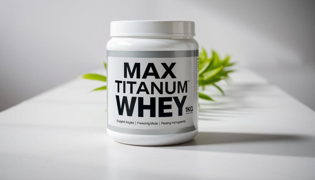A sleek and modern white container with the label "Max Titanium Whey Pro 1Kg" prominently displayed in bold black text. The container is positioned in the foreground, casting a soft, natural shadow on a textured, light-colored surface. The middle ground features a row of fresh, vibrant green leafy plants, hinting at the product's natural, high-quality ingredients. The background is blurred, creating a sense of depth and focus on the main subject. The lighting is soft and diffused, highlighting the container's smooth, metallic finish and the product's purity and refinement. The overall atmosphere is clean, elegant, and evocative of the product's premium quality and health benefits.