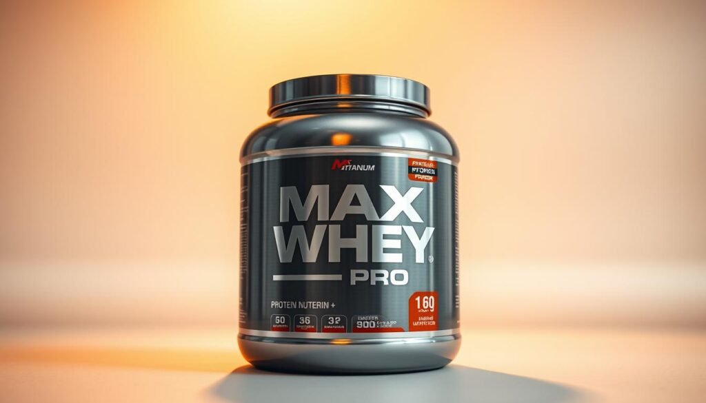 A stunningly detailed product shot of the Max Titanium Whey Pro 1Kg protein powder container, captured in a crisp, clean studio setup. The container is positioned in the foreground, its sleek metallic finish and bold branding prominently displayed. The middle ground features a softly blurred backdrop, allowing the product to take center stage. Warm, natural lighting from above casts a gentle glow, highlighting the container's textures and creating subtle shadows. The overall mood is one of high-quality, premium nutrition, inviting the viewer to closely examine the product's key features and benefits.