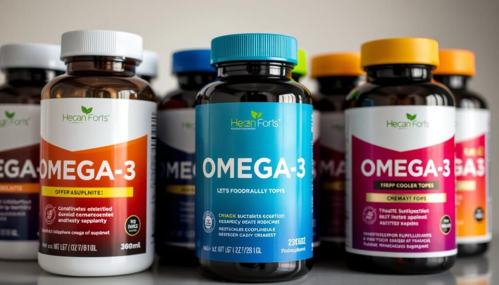 Comparação entre diferentes tipos de suplementos de ômega 3 mostrando rótulos e certificações