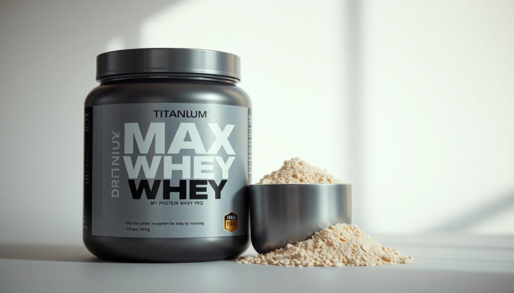 Detailed close-up shot of a high-quality whey protein supplement powder in a sleek and modern-looking container with a metallic titanium-like finish. The container is positioned against a bright, minimalist background that highlights its clean, premium design. Soft, directional lighting casts subtle shadows, emphasizing the textural quality of the powder and the container's metallic sheen. The overall composition conveys a sense of purity, strength, and refined sophistication, reflecting the "Max Titanium Whey Pro 1Kg" product's benefits for the user's body.
