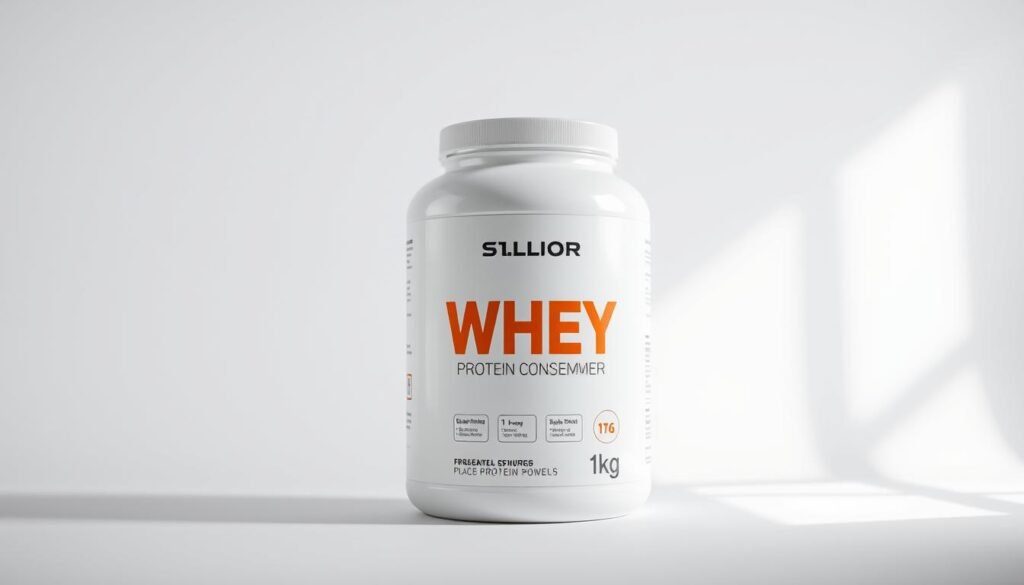 Detailed technical product shot of a 1kg white container of "Soldiers Nutritio" whey protein concentrate powder, shot in a clean, well-lit studio setting with a plain background. The container has a sleek, minimalist design with clear labeling showcasing key details like the product name, weight, and nutritional information. The lighting is soft and diffused, highlighting the product's texture and clean branding. The camera angle is slightly elevated to provide a clear, unobstructed view of the entire container. The overall mood is professional, informative, and product-focused, conveying a sense of quality and transparency around the whey protein supplement.