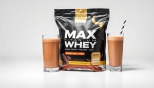 Embalagem do Whey Protein Max Titanium 1kg sabor chocolate com um shake preparado ao lado