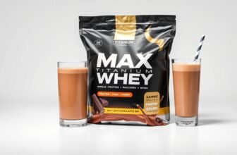 Embalagem do Whey Protein Max Titanium 1kg sabor chocolate com um shake preparado ao lado
