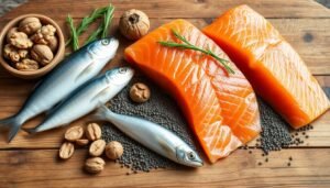 Fontes naturais de omega 3 como peixes nozes e sementes de linhaca