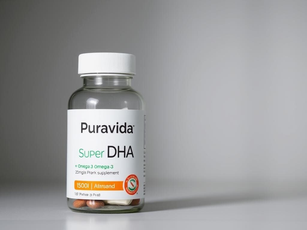 Frasco do suplemento Ômega-3 Super DHA da Puravida