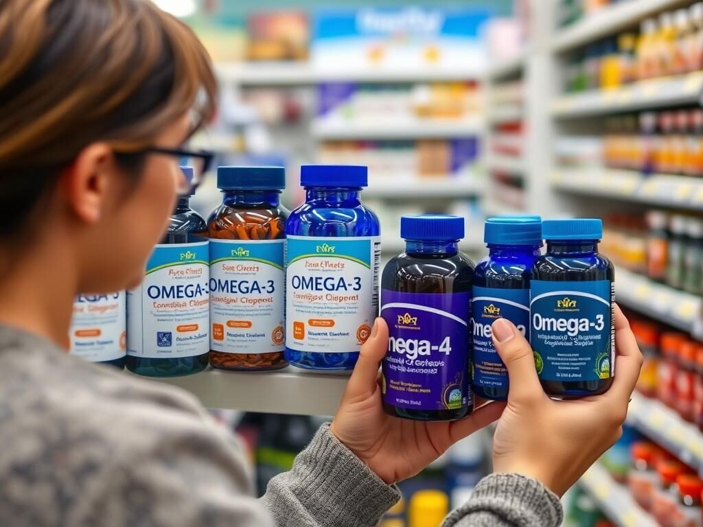 Pessoa comparando diferentes suplementos de ômega 3 em uma loja