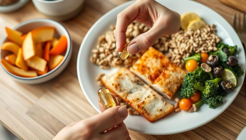 Pessoa tomando suplemento de ômega 3 durante uma refeição