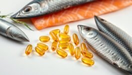 Diversas cápsulas de ômega 3 ao lado de peixes ricos em ácidos graxos essenciais