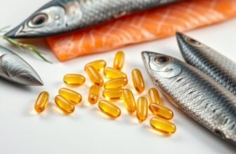 Diversas cápsulas de ômega 3 ao lado de peixes ricos em ácidos graxos essenciais