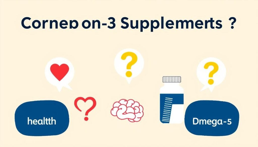 Ilustração representando dúvidas comuns sobre suplementos de ômega 3 Ilustração representando dúvidas comuns sobre suplementos de ômega 3