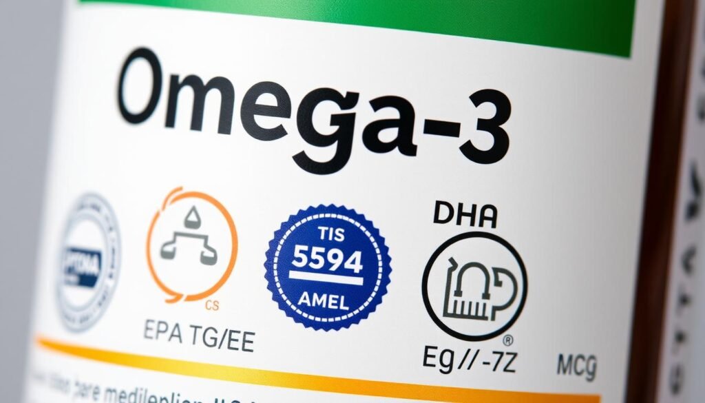 Rótulo de suplemento de ômega 3 com destaques para informações importantes Rótulo de suplemento de ômega 3 com destaques para informações importantes